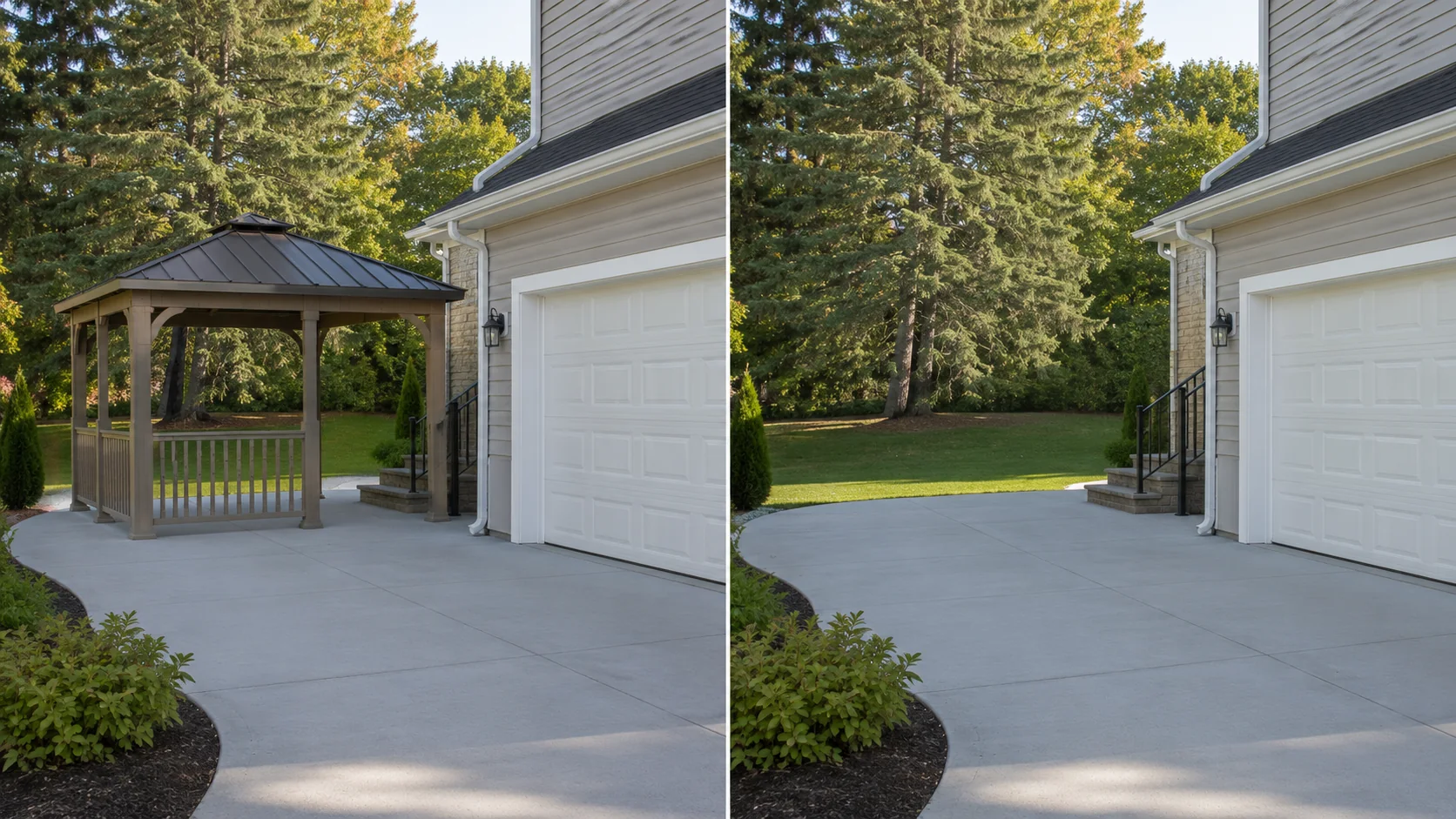 Before-and-after comparison showing a backyard gazebo beside a garage before and after removal.
