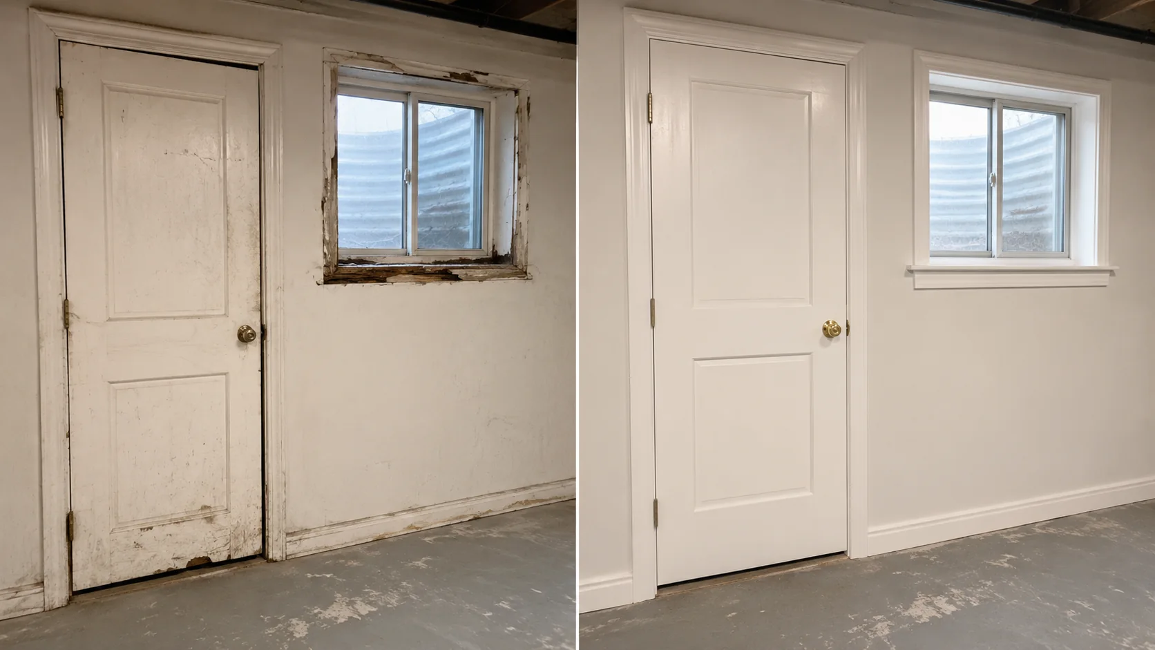 Before-and-after comparison showing a rough basement door and window wall finished with drywall, trim, and paint.