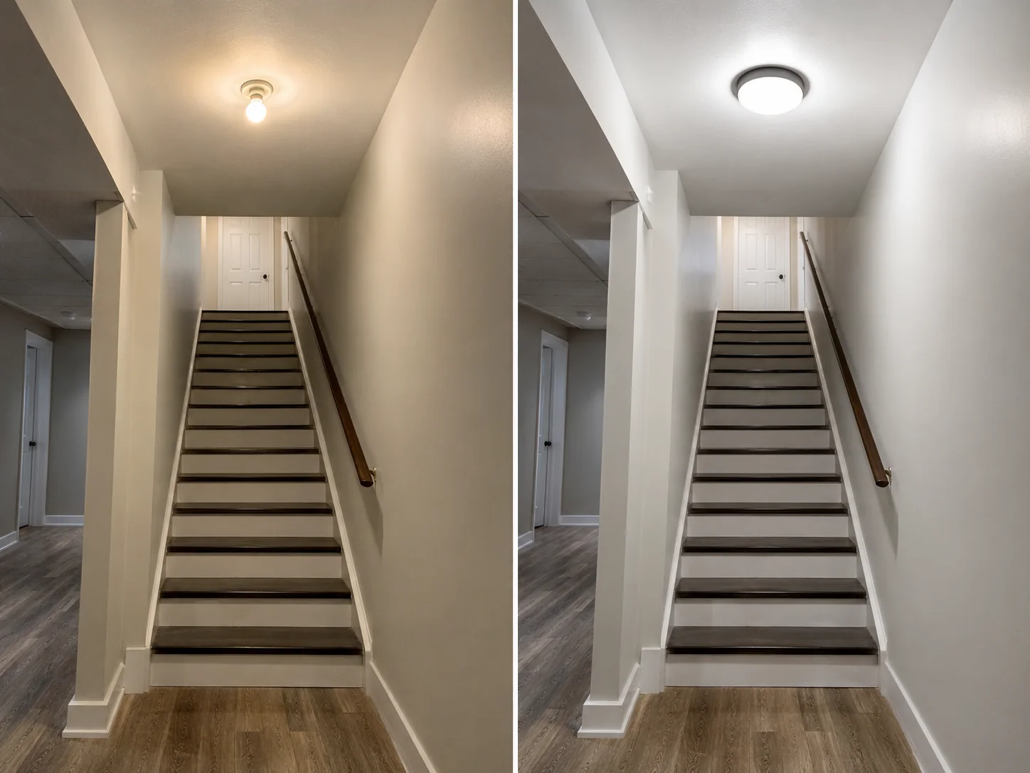 Before-and-after comparison showing a basement stairway with repaired wall surfaces, trim, and updated ceiling lighting.