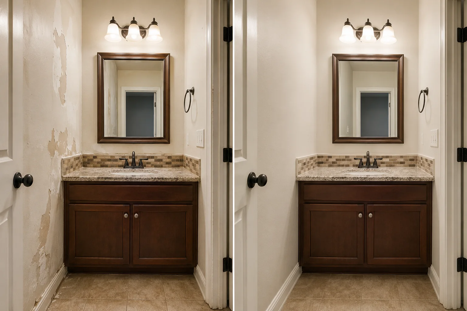 Before-and-after comparison showing damaged and peeling bathroom walls repaired around a vanity and mirror.