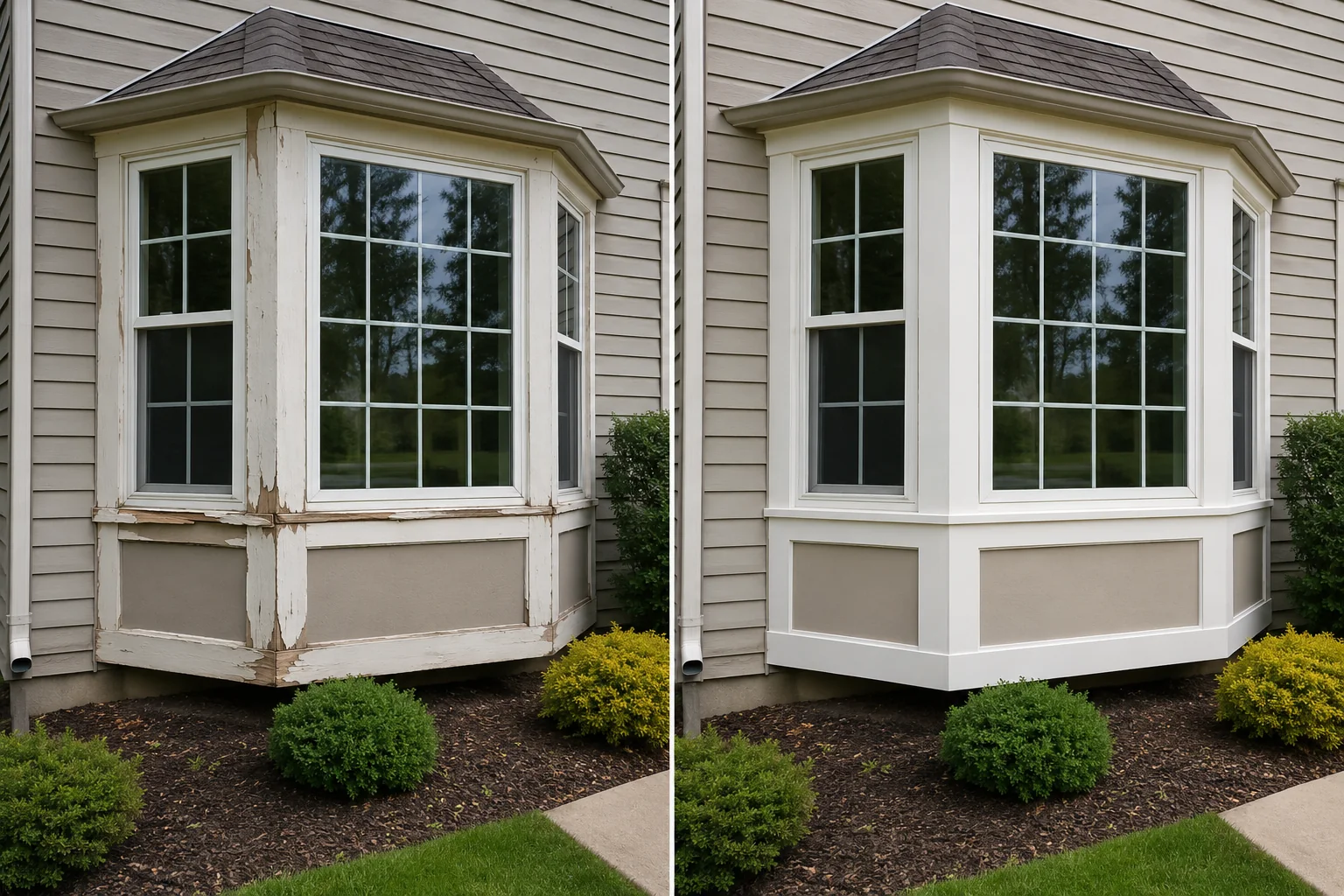 Before-and-after comparison showing a bay window with deteriorated lower trim rebuilt and painted.