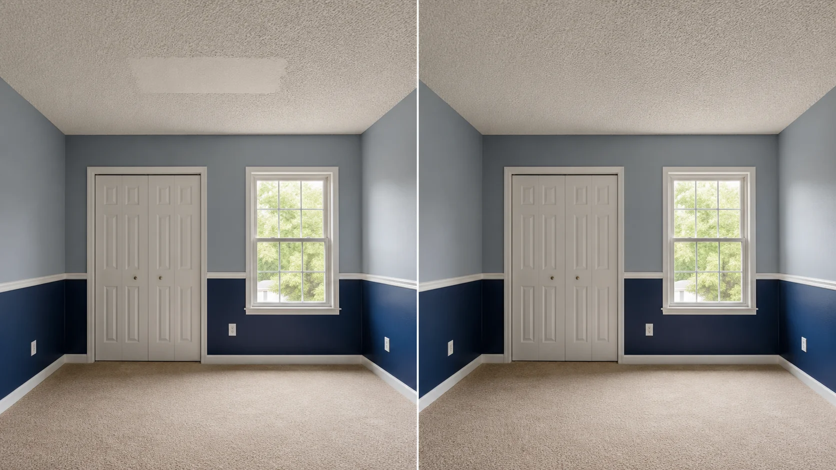 Before-and-after comparison showing a rectangular bedroom ceiling patch repaired and blended into the texture.