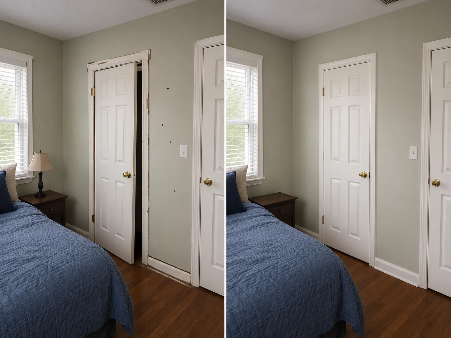 Before-and-after comparison showing a damaged bedroom closet door replaced with a clean matching panel door.
