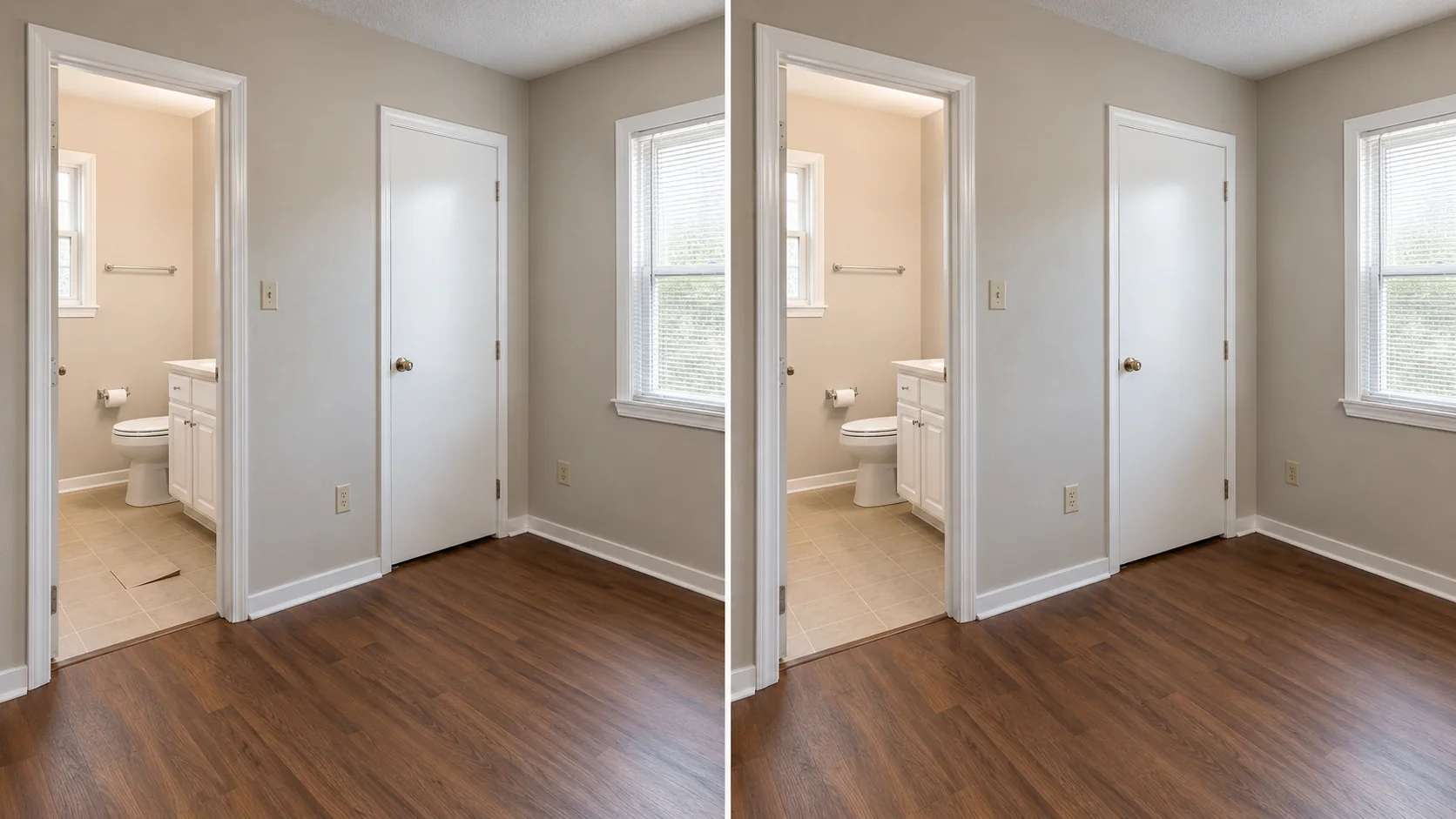 Before-and-after comparison showing a bedroom with repaired doorway trim, smooth flooring, and finished wall surfaces.