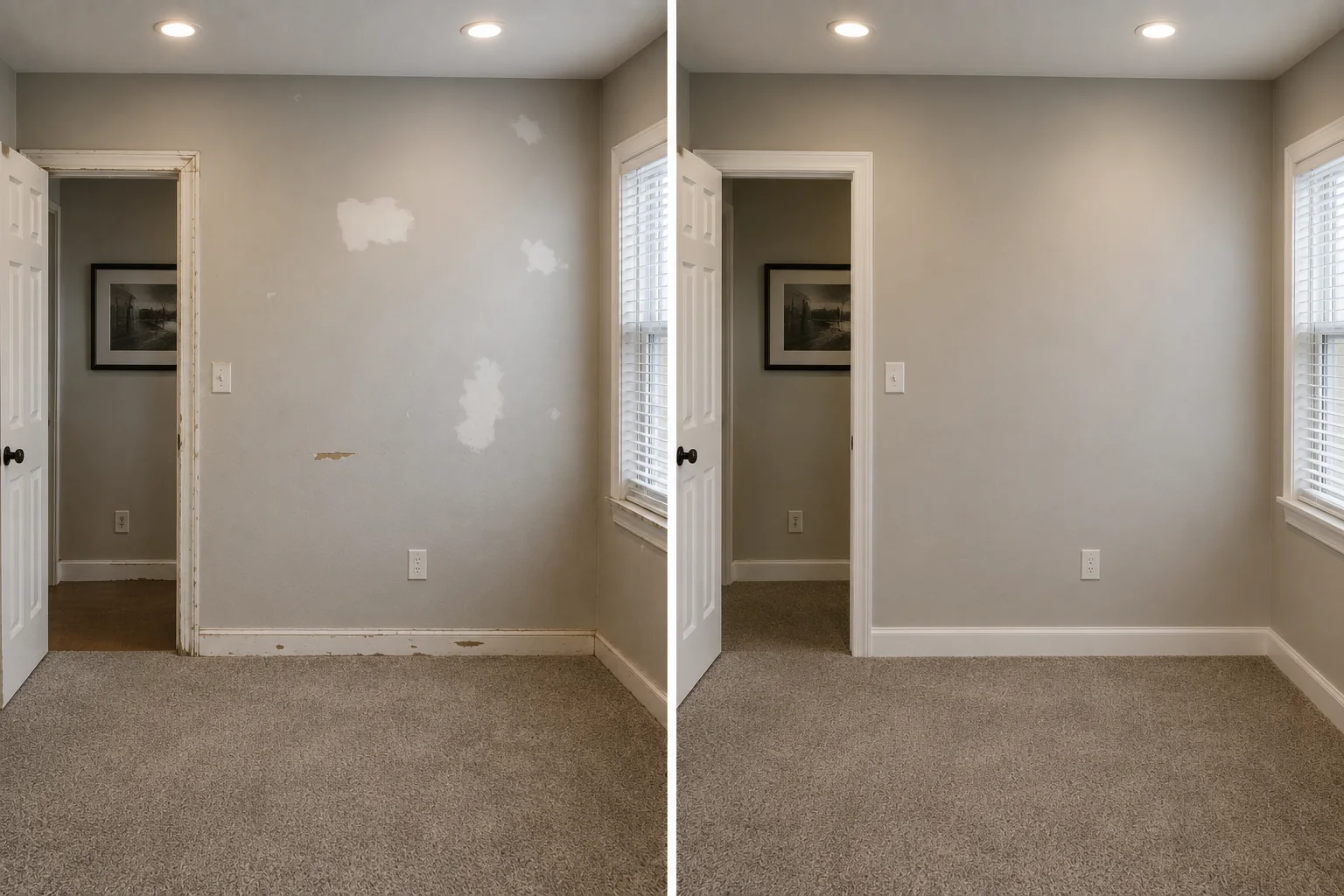 Before-and-after comparison showing multiple bedroom wall patches repaired and blended with fresh paint.