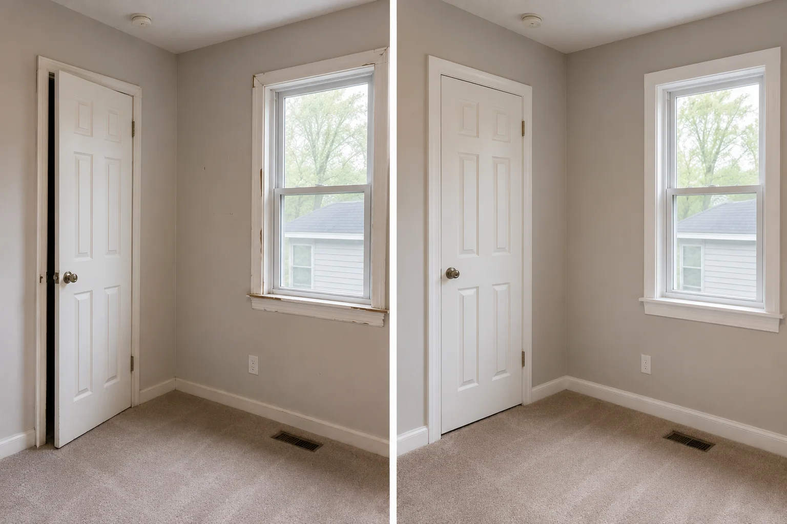 Before-and-after comparison showing a bedroom with refreshed flooring, baseboard, walls, and door trim.