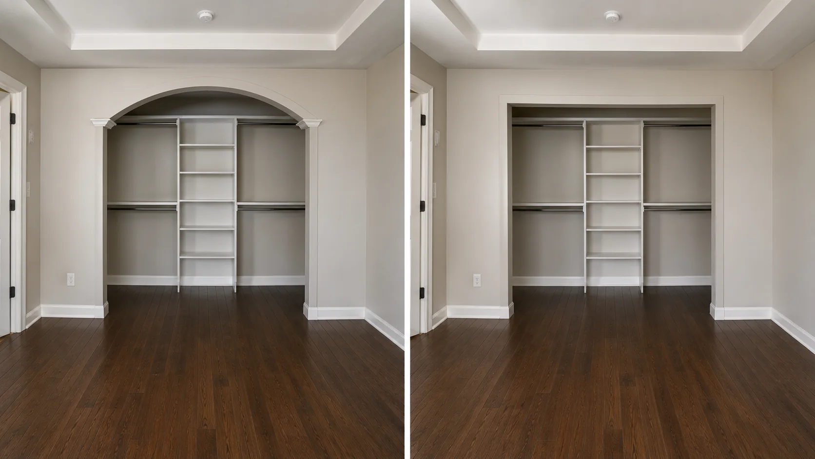 Before-and-after comparison showing an arched built-in shelving opening reframed into a clean square design.