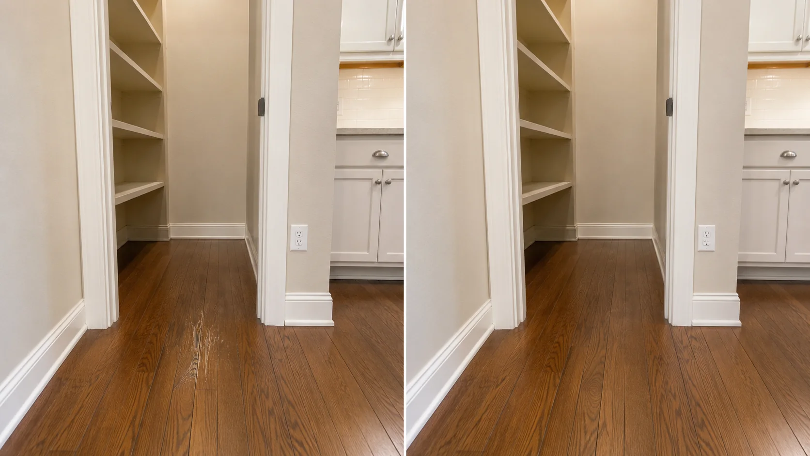 Before-and-after comparison showing a narrow built-in shelving alcove with repaired lower trim and flooring edge.