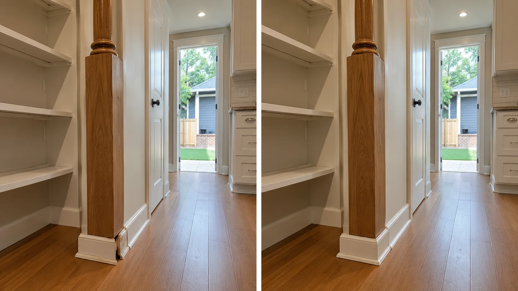 Before-and-after comparison showing a built-in shelving area with repaired base trim and finished wood details.