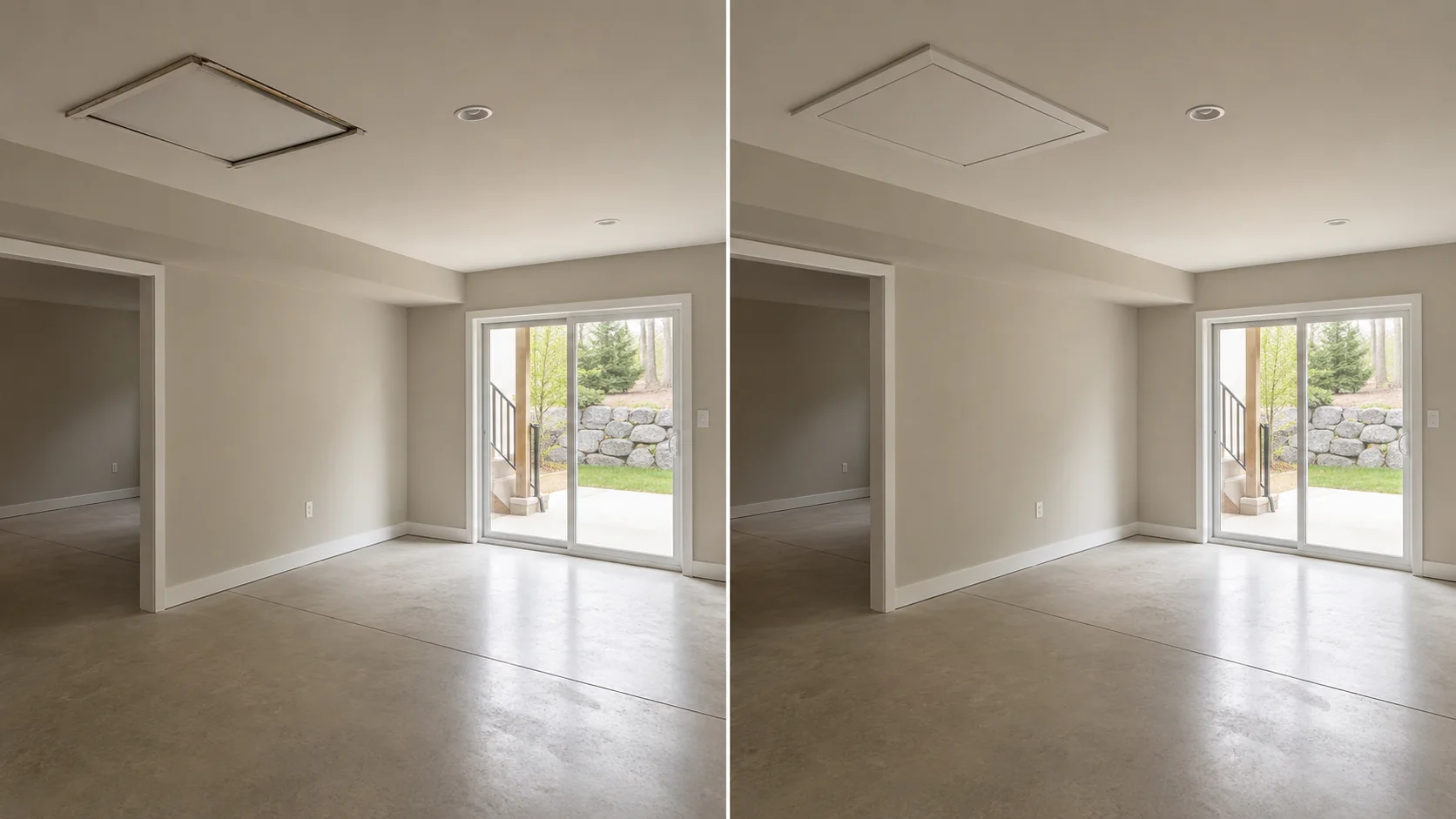 Before-and-after comparison showing a loose ceiling access hatch repaired with clean flush trim.