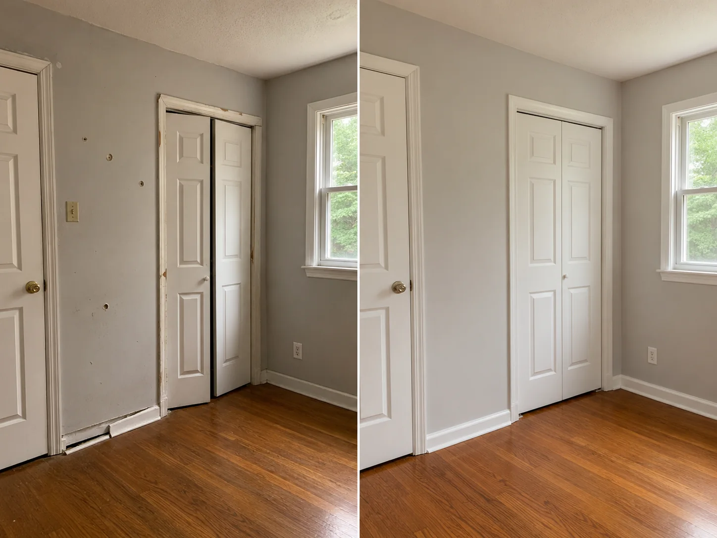 Before-and-after comparison showing an interior closet door with repaired casing, wall edges, and floor trim.