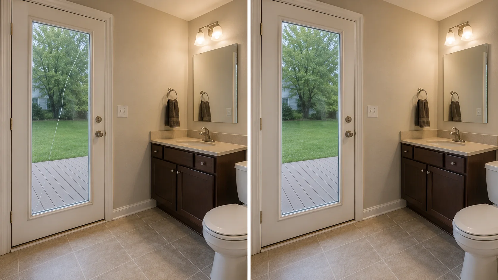 Before-and-after comparison showing a cracked full-view exterior door glass panel replaced with clear glass.