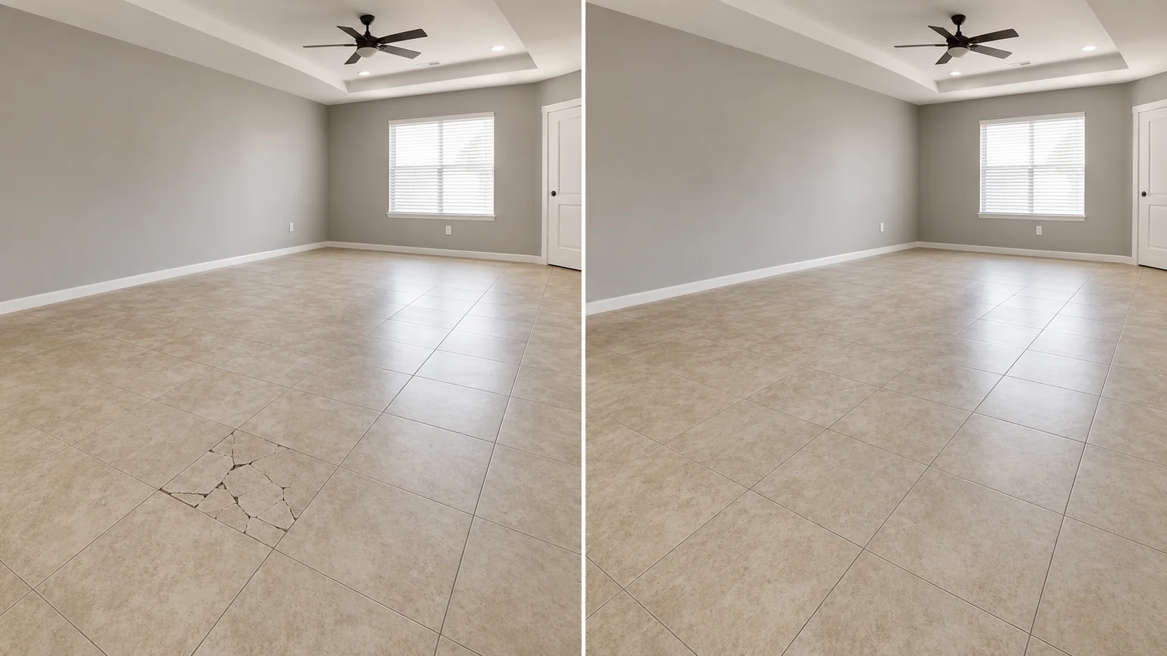 Before-and-after comparison showing a large cracked floor tile repaired in a bright finished room.
