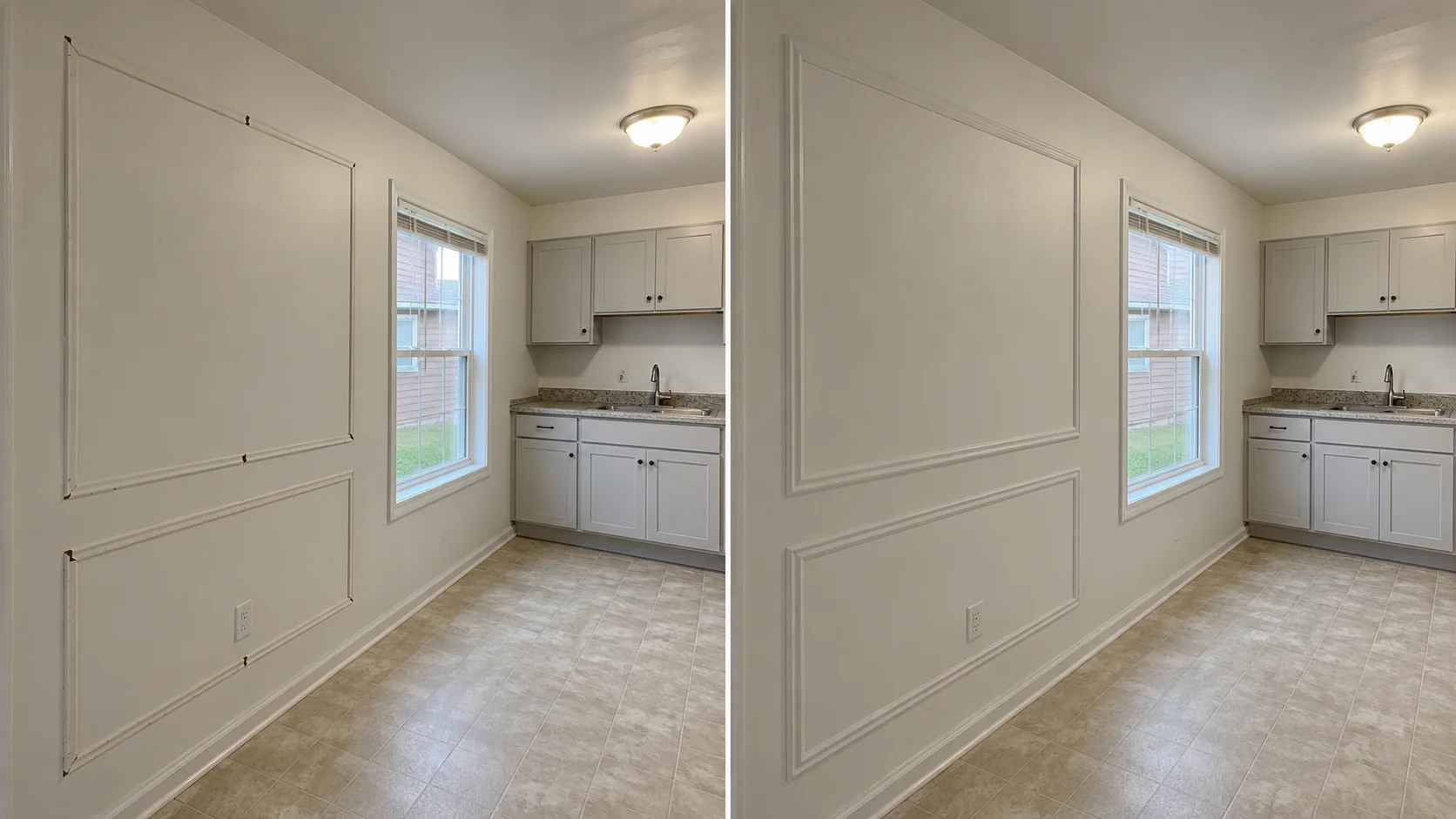 Before-and-after comparison showing a dining and kitchen wall upgraded with rectangular decorative panel molding.