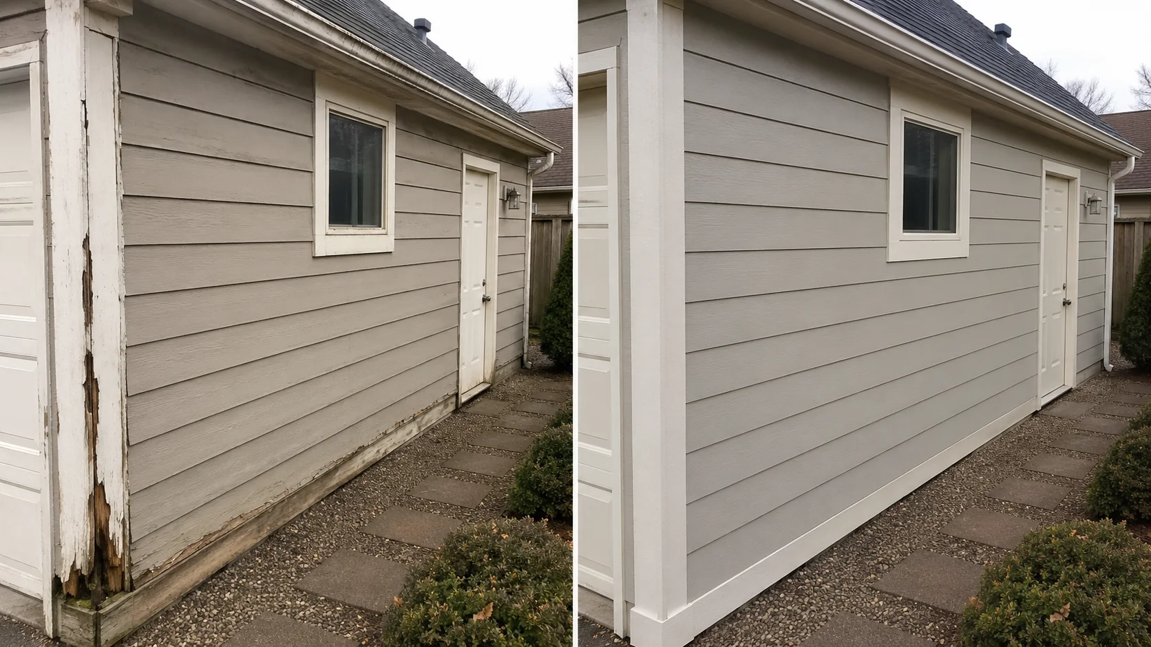 Before-and-after comparison showing a detached garage side wall with deteriorated siding replaced and aligned.