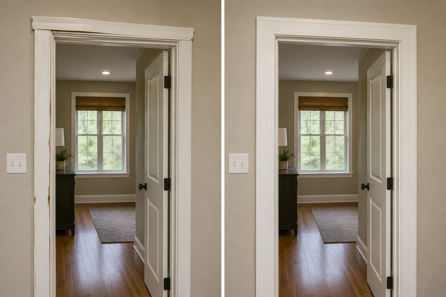 Before-and-after comparison showing worn interior doorway casing replaced with clean matching trim.