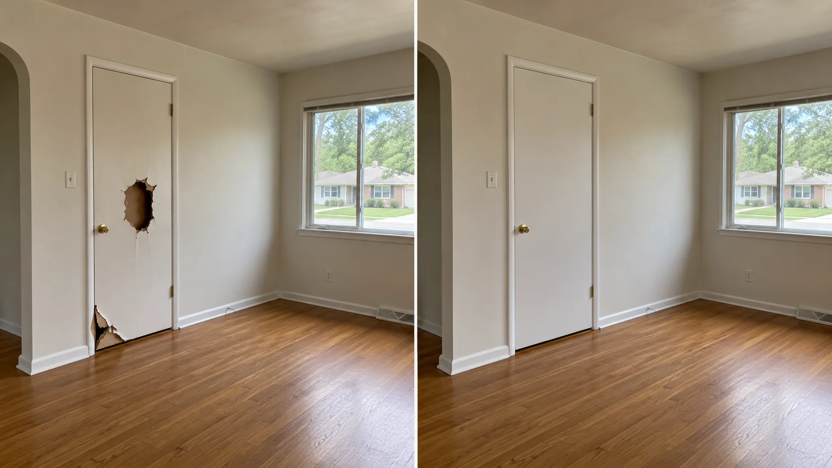 Before-and-after comparison showing a large wall hole patched, sanded, and repainted beside an interior door.