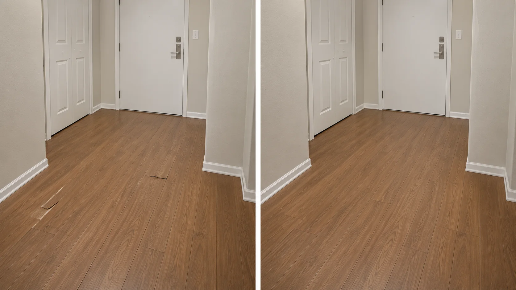Before-and-after comparison showing an entry floor with damaged laminate planks repaired near the doorway.