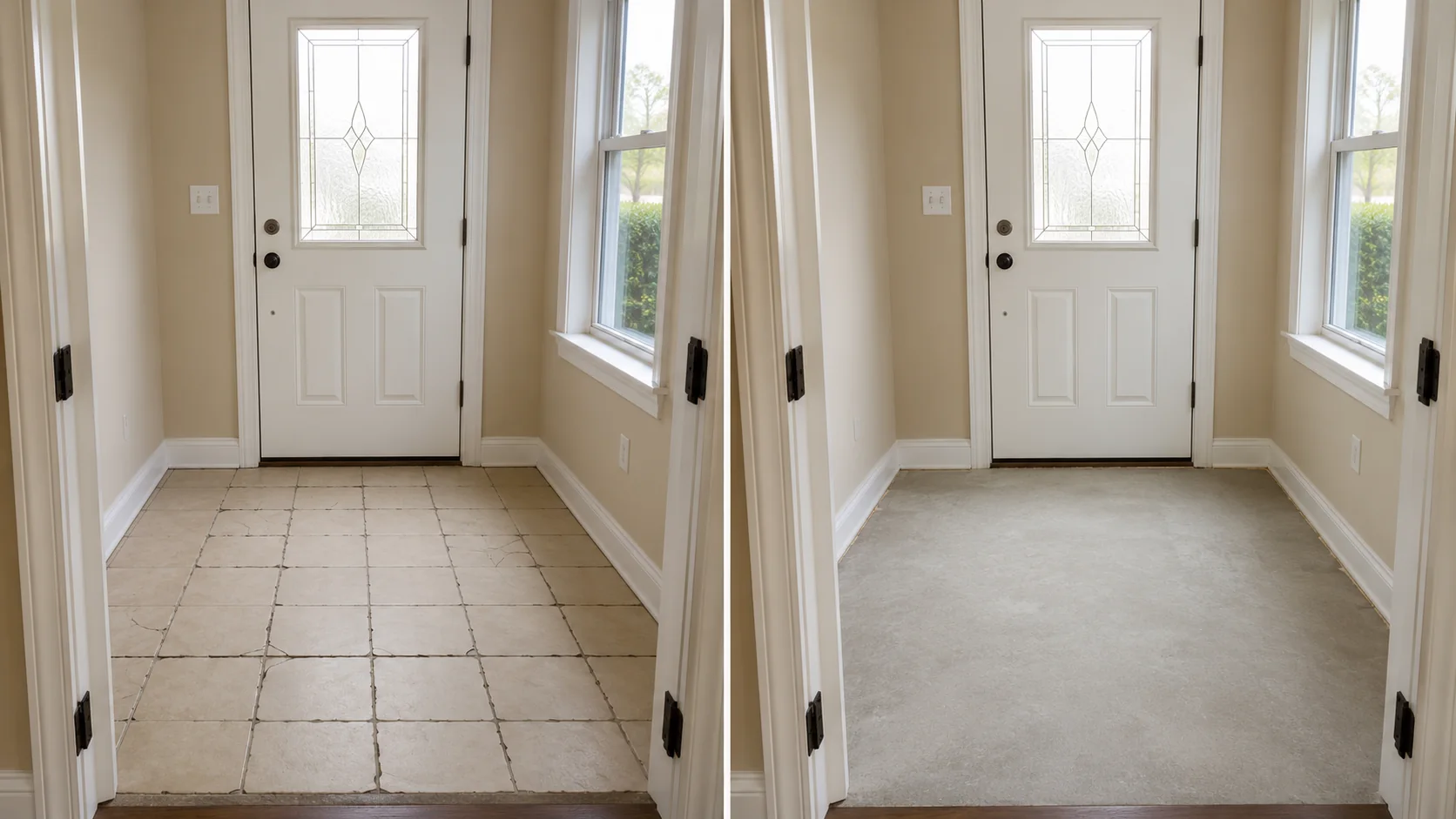 Before-and-after comparison showing an entry hall floor replaced with a clean durable finished surface.