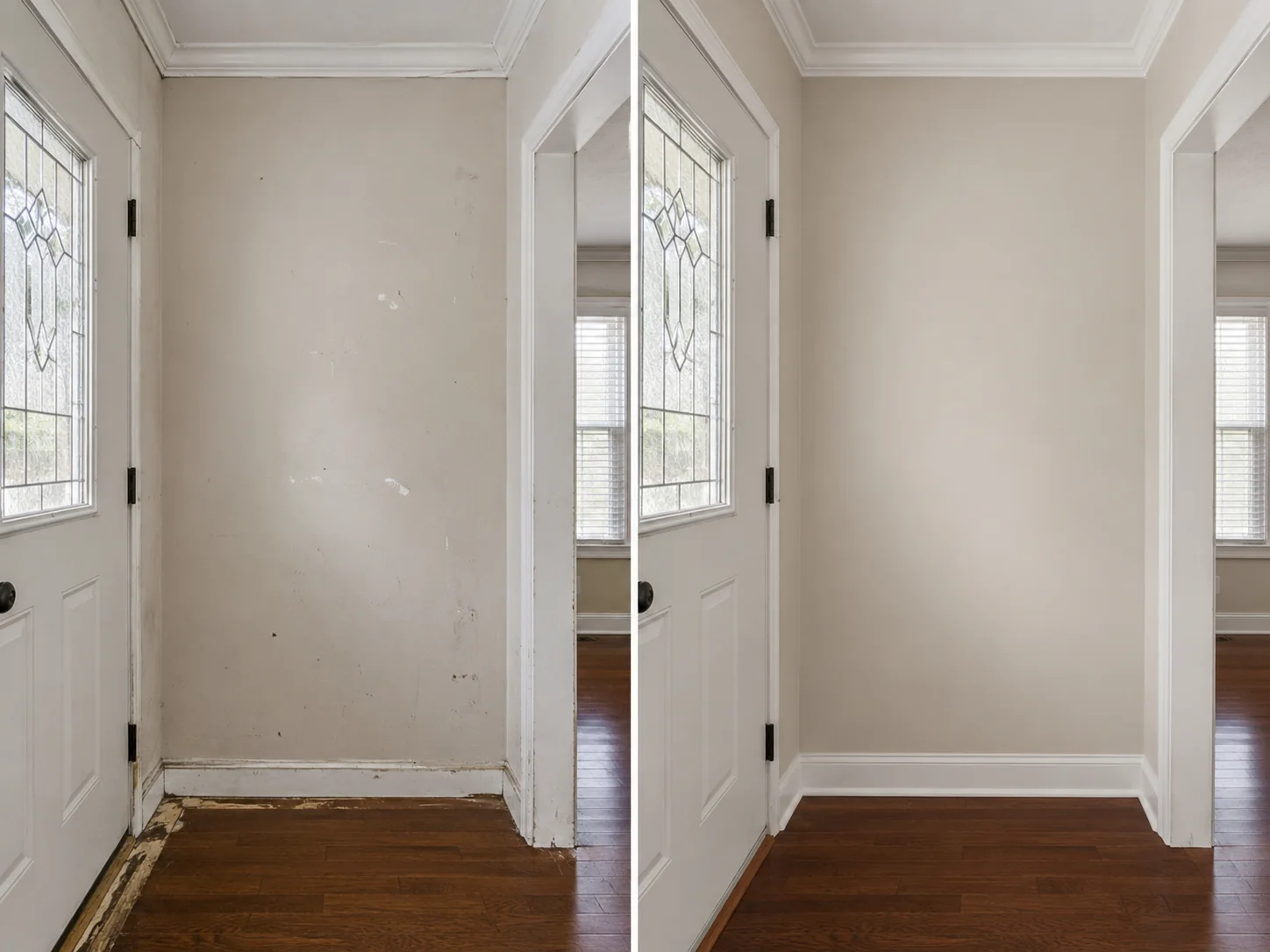 Before-and-after comparison showing an entry hall with repaired drywall, baseboard, and door-side trim.