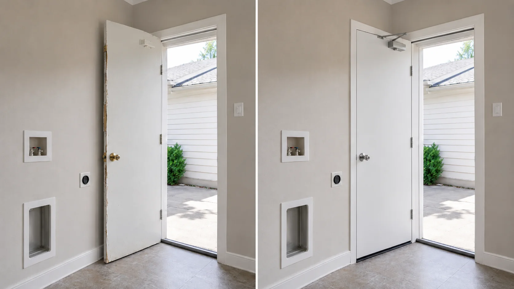 Before-and-after comparison showing an exterior door before and after installation of a clean replacement door.