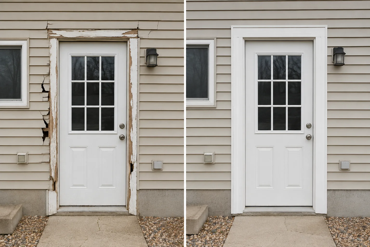 Before-and-after comparison showing an exterior service door with deteriorated trim replaced and sealed.