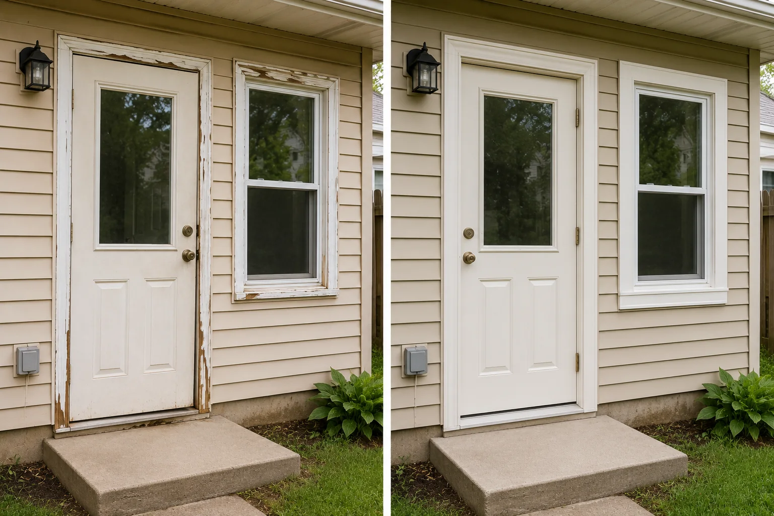 Before-and-after comparison showing damaged exterior trim repaired around a back door and adjacent window.