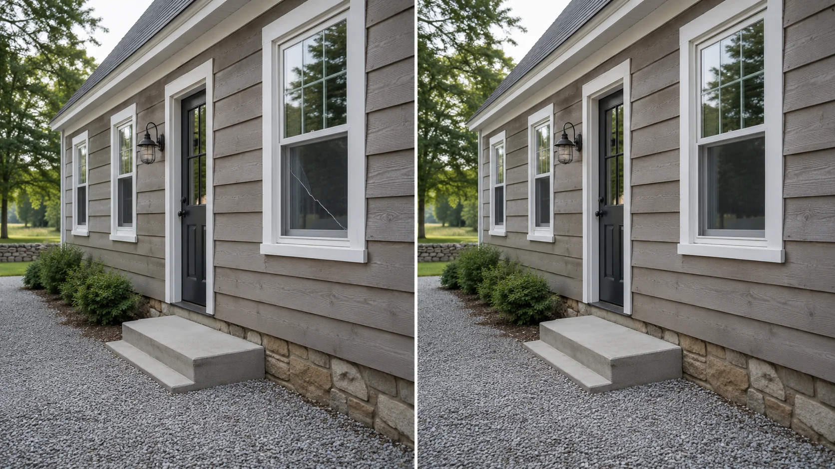 Before-and-after comparison showing exterior siding, window trim, and a small concrete entry step after repair.