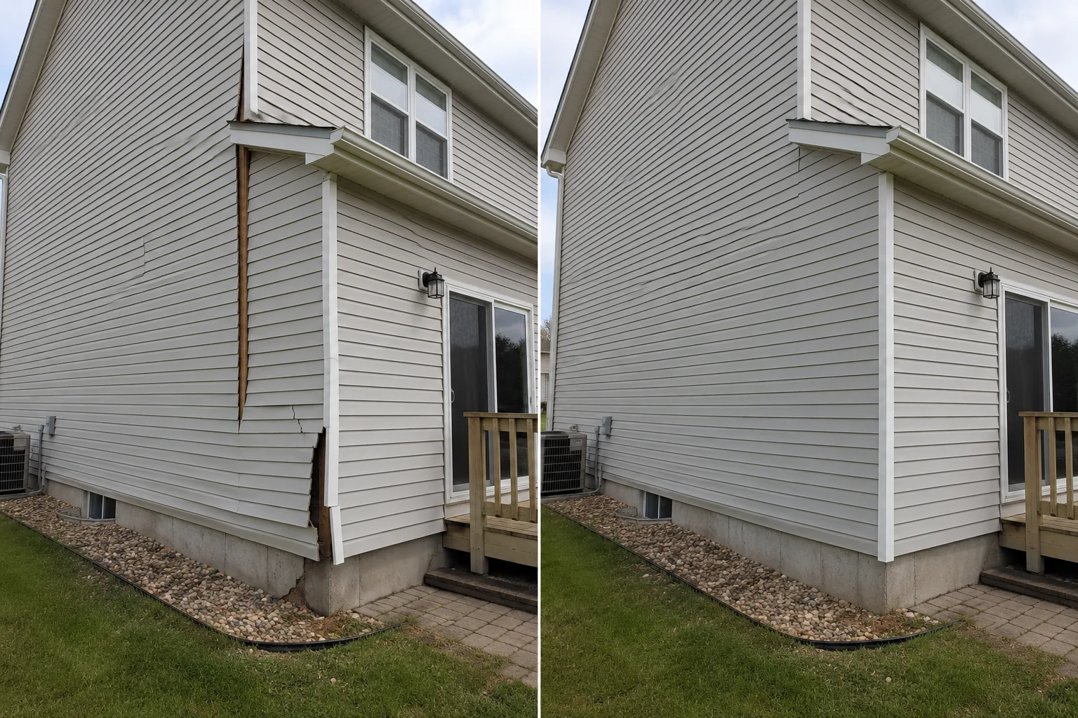 Before-and-after comparison showing an exterior wall with a damaged vertical wood strip removed and siding repaired.