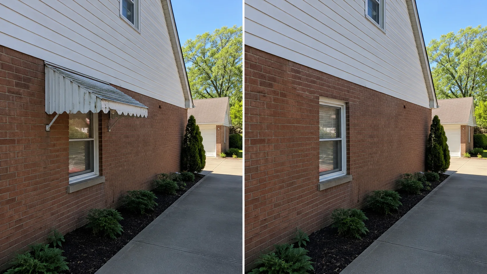 Before-and-after comparison showing a brick exterior wall before and after removal of a metal window awning.