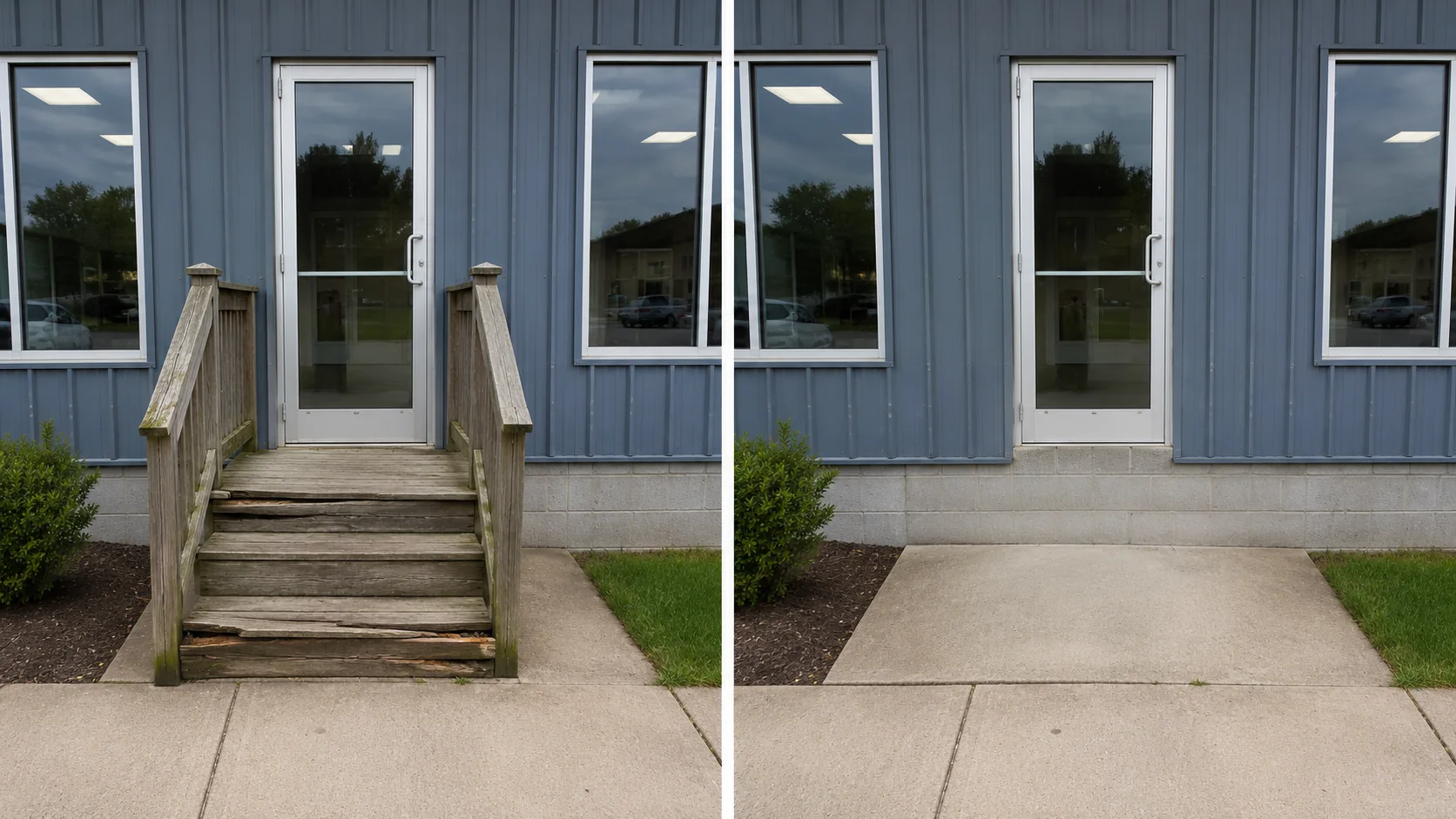 Before-and-after comparison showing old wood steps and railings removed from an exterior doorway.
