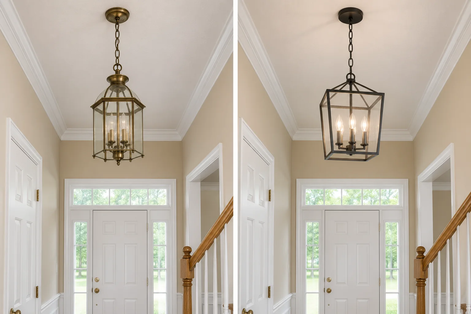 Before-and-after comparison showing a tall-entry chandelier replaced with a black open-frame fixture.