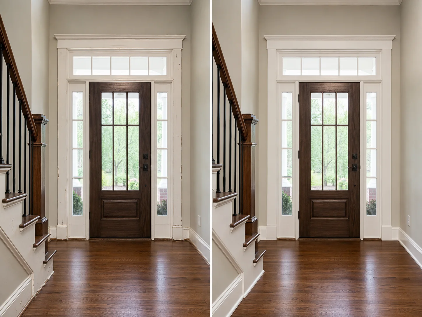 Before-and-after comparison showing a front entry door with restored casing, sidelights, and interior trim.