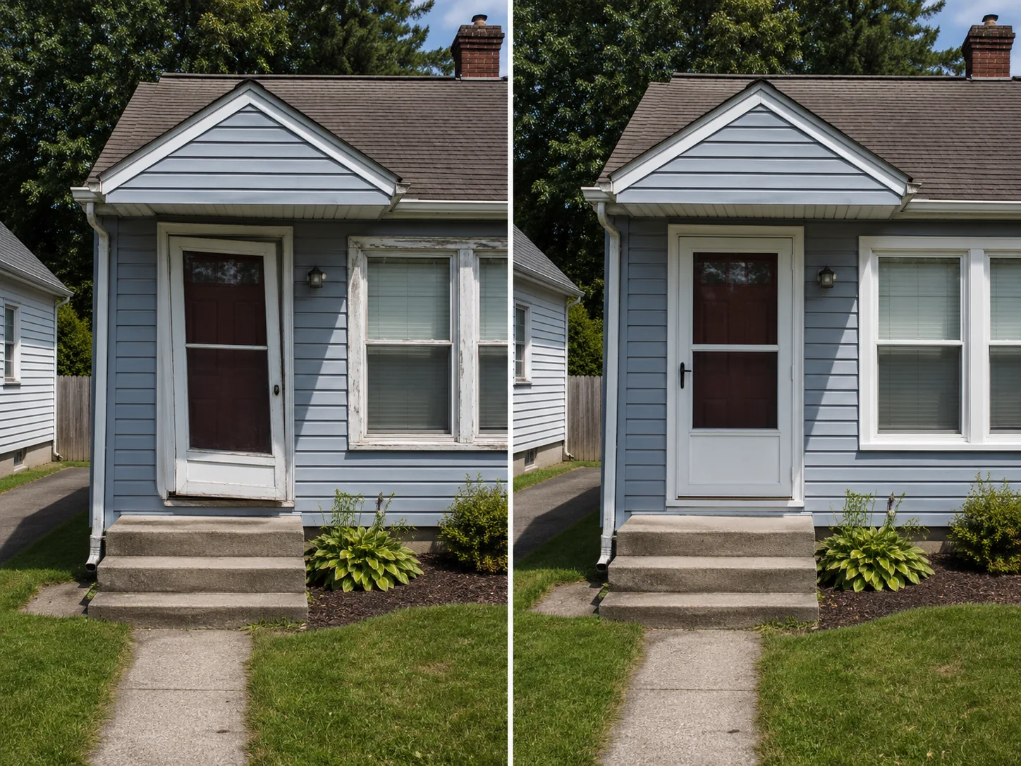 Before-and-after comparison showing a small home entrance with repaired exterior door trim, siding, and steps.