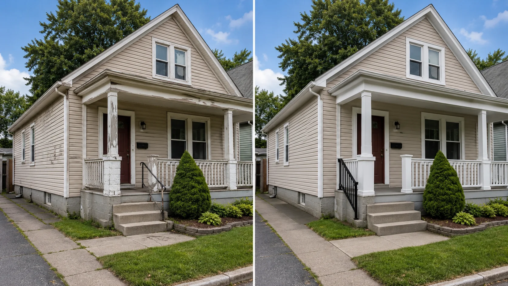 Before-and-after comparison showing a small front porch with repaired support column, steps, and handrail.