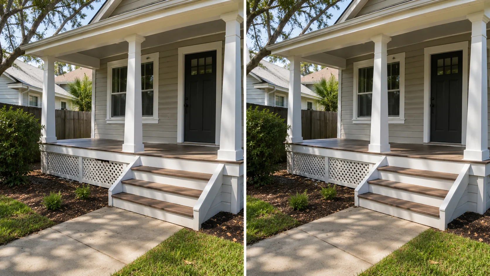 Before-and-after comparison showing a small front porch with repaired wood steps and metal railing.