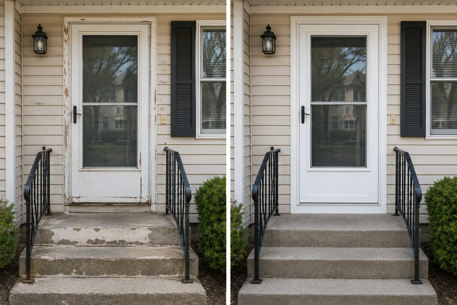 Before-and-after comparison showing a worn front storm door replaced above repaired concrete steps.