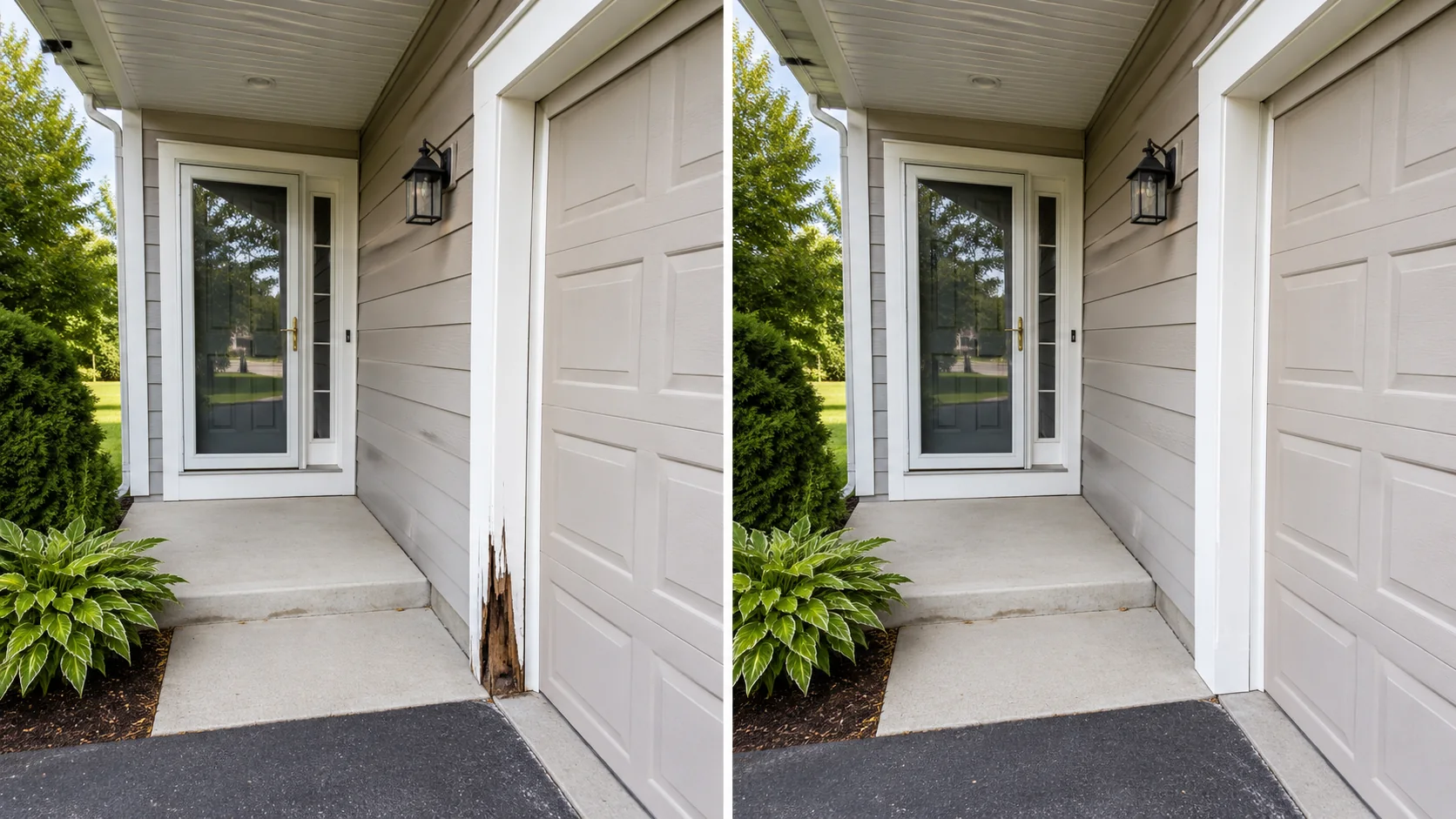 Before-and-after comparison showing an exterior door beside a garage with damaged lower jamb and trim repaired.