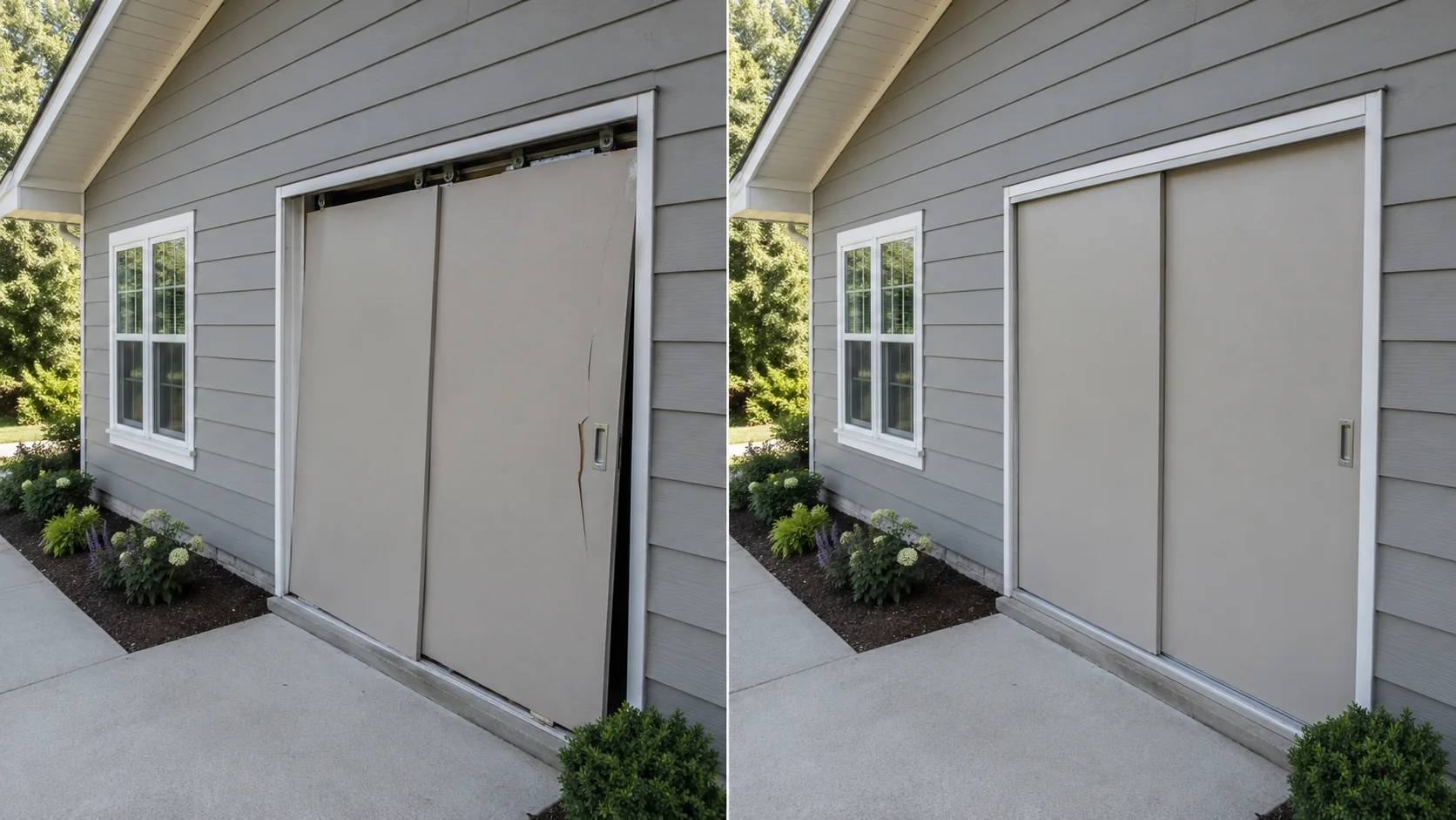 Before-and-after comparison showing a wide garage sliding door repaired and realigned within its track.