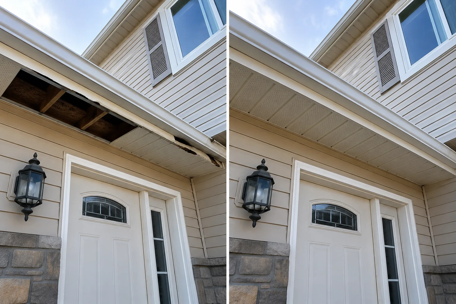 Before-and-after comparison showing open and damaged garage eaves repaired with finished soffit and fascia.