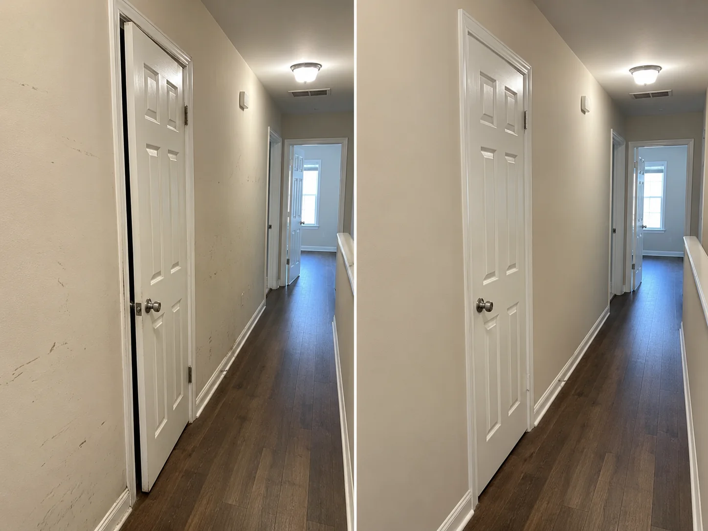 Before-and-after comparison showing an interior hallway with repaired doors, wall surfaces, and ceiling fixtures.