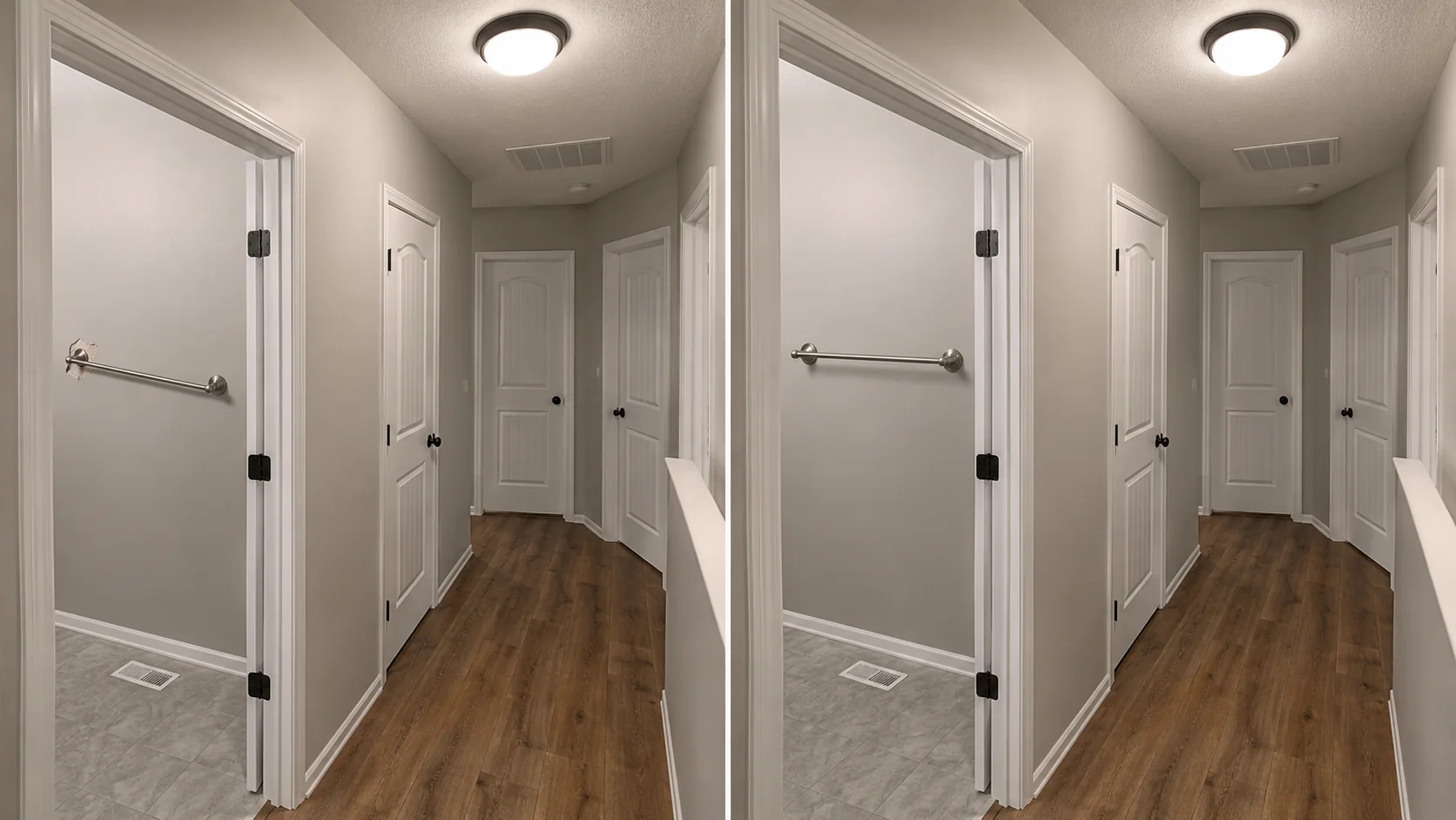 Before-and-after comparison showing an interior hallway with repaired wall surfaces and refreshed door trim.