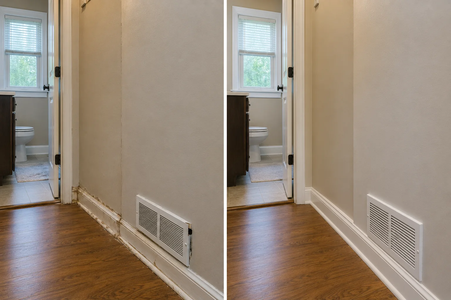 Before-and-after comparison showing a hallway wall repaired around a large return-air vent.