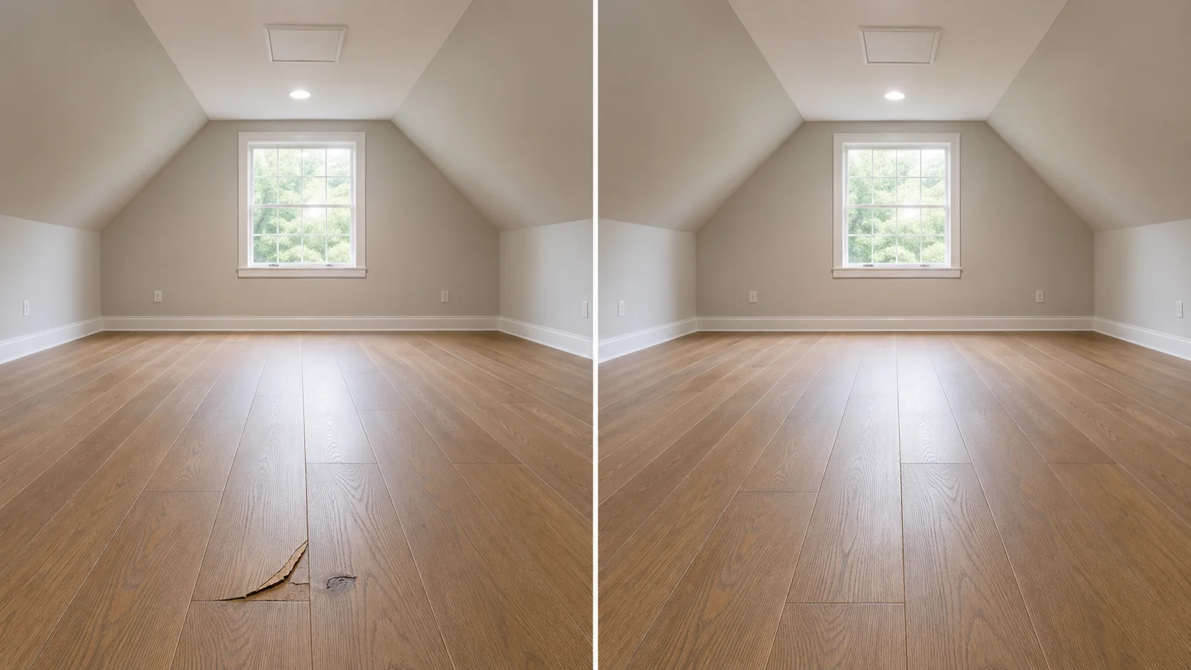 Before-and-after comparison showing a damaged hardwood plank repaired in a finished attic room.