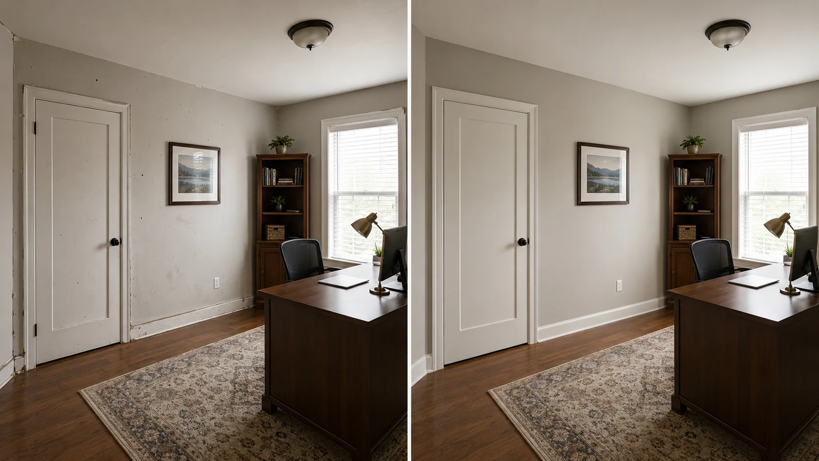 Before-and-after comparison showing a home office with a repaired interior door, casing, and surrounding wall.