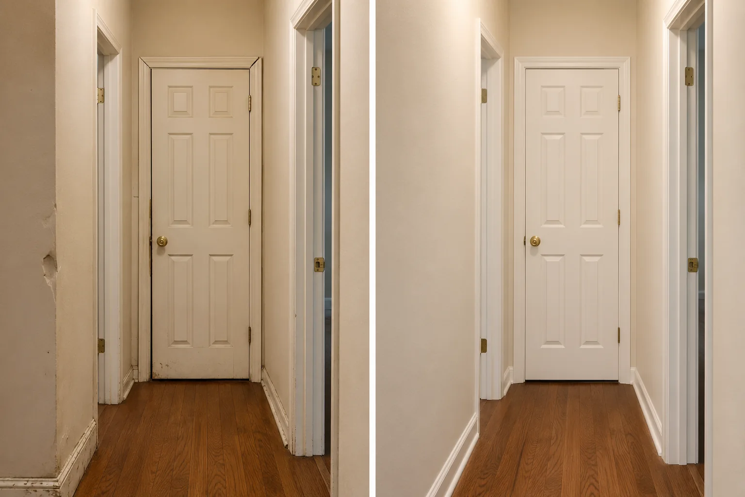 Before-and-after comparison showing a worn hallway door replaced with a clean matching panel door.