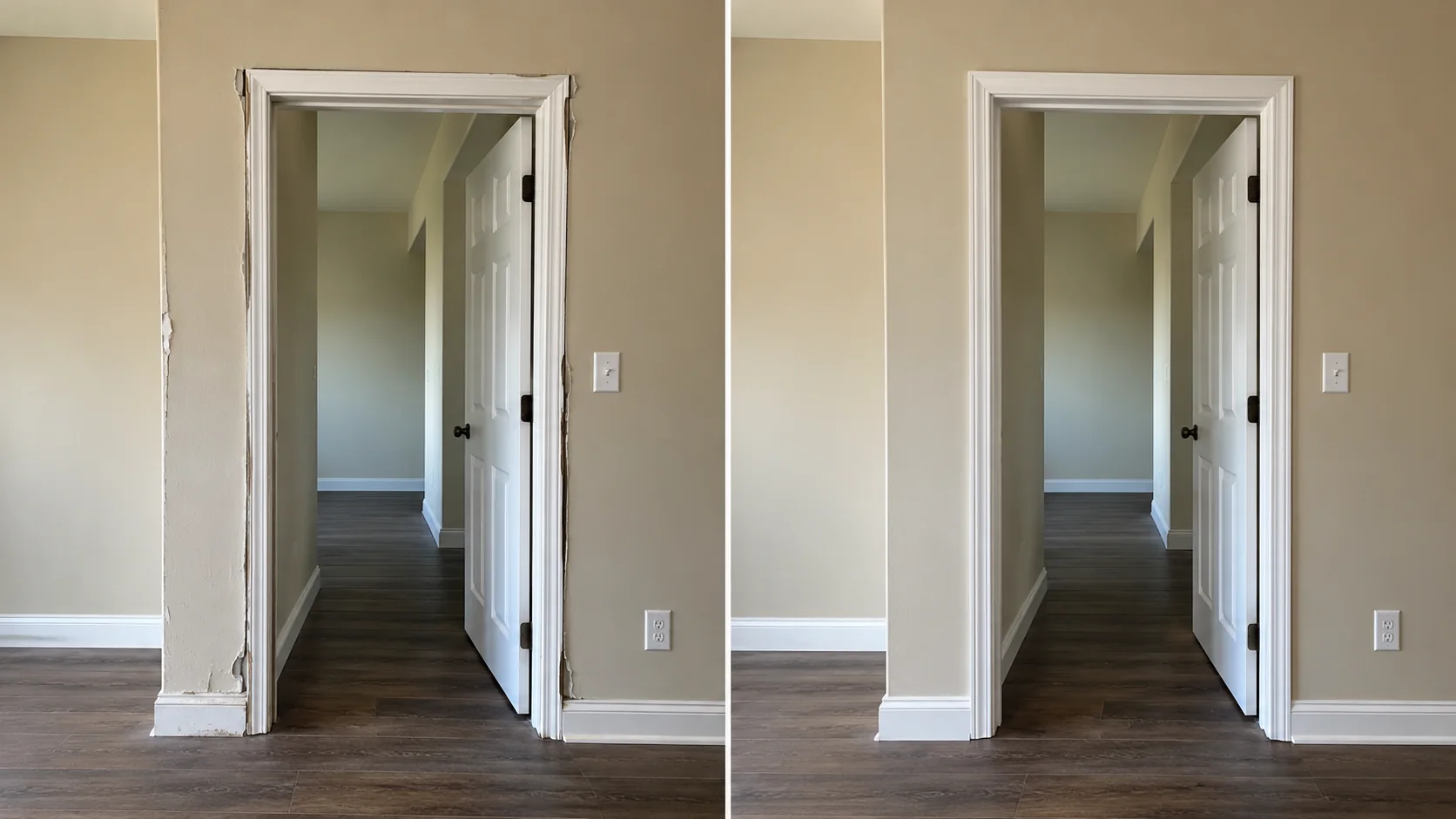 Before-and-after comparison showing an interior doorway with damaged casing and wall edges repaired.