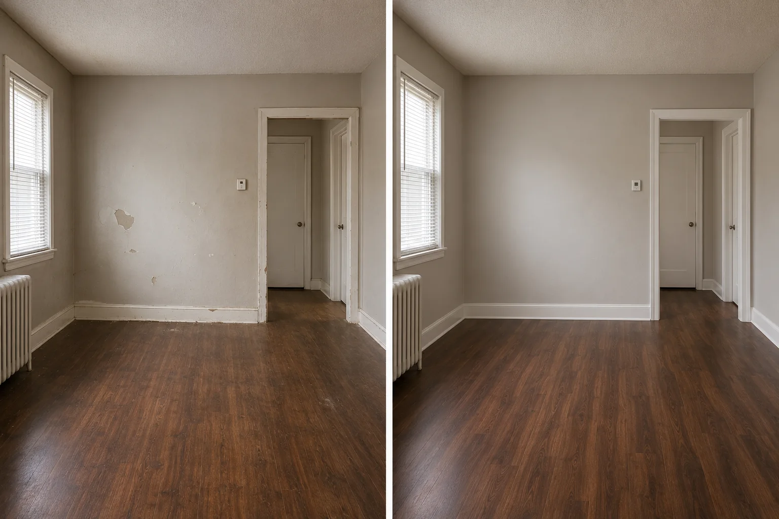 Before-and-after comparison showing scattered wall damage repaired and blended with a smooth painted finish.