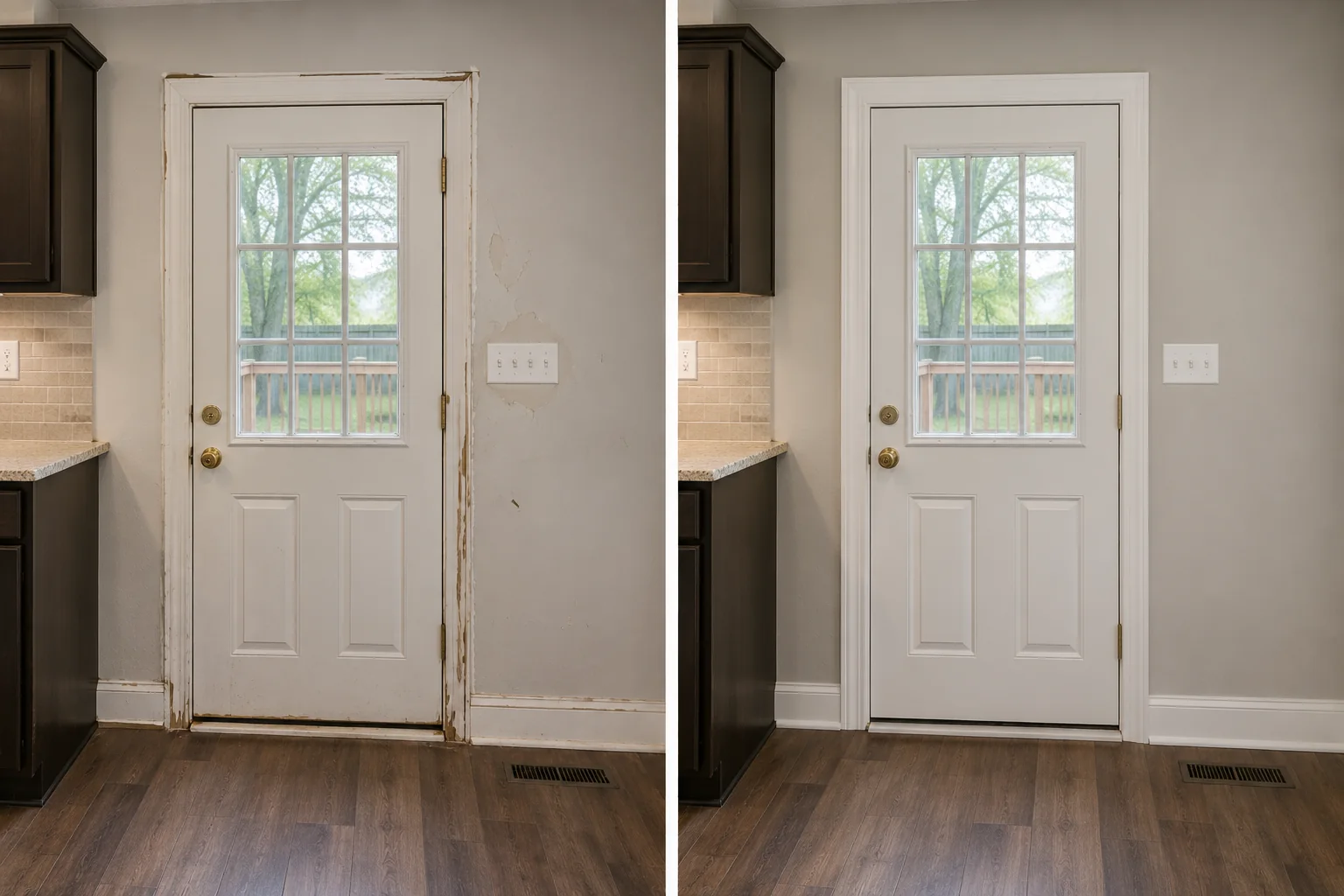 Before-and-after comparison showing a kitchen exterior door replaced with a clean glass-panel door.