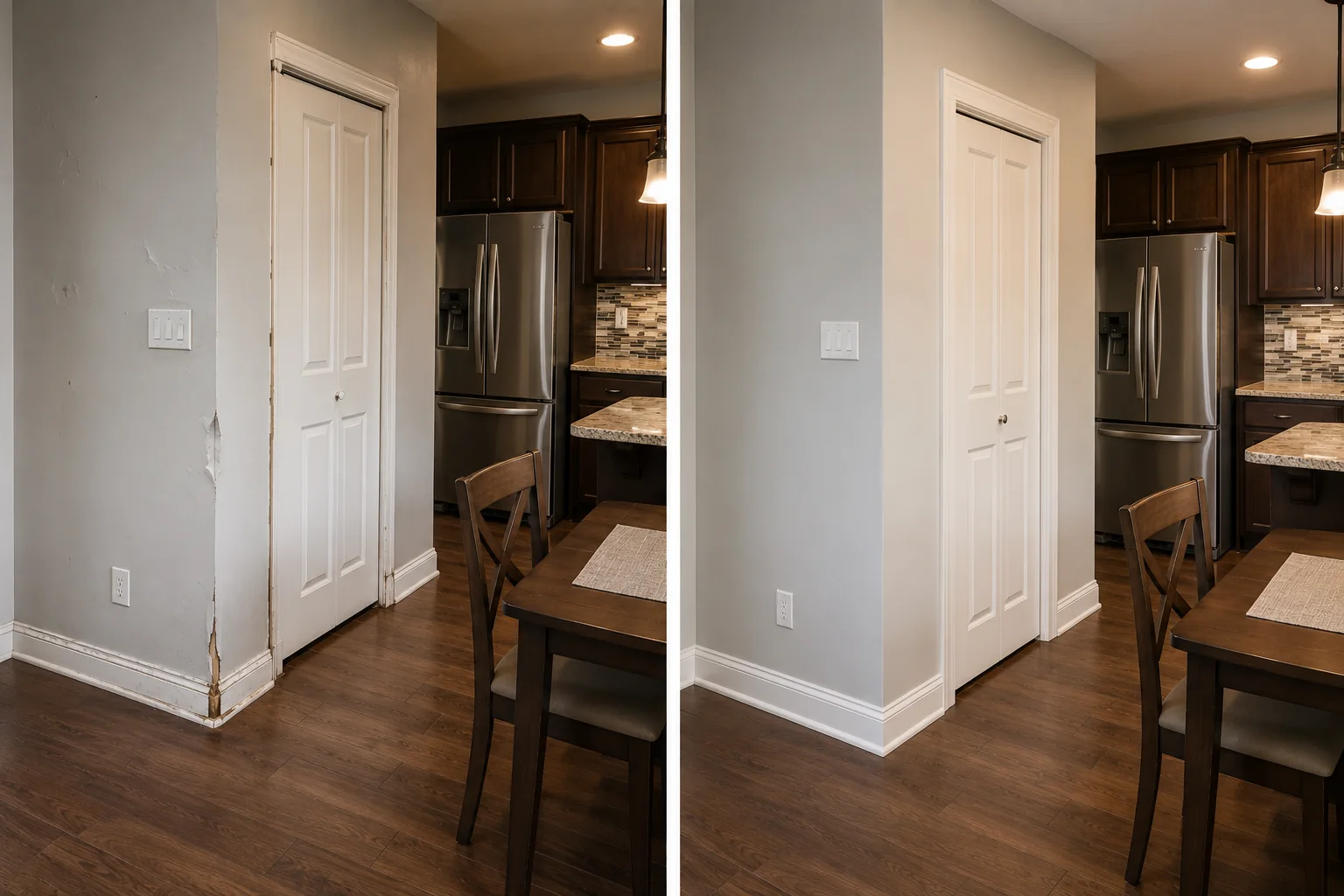 Before-and-after comparison showing a damaged kitchen wall corner and baseboard repaired beside a pantry door.